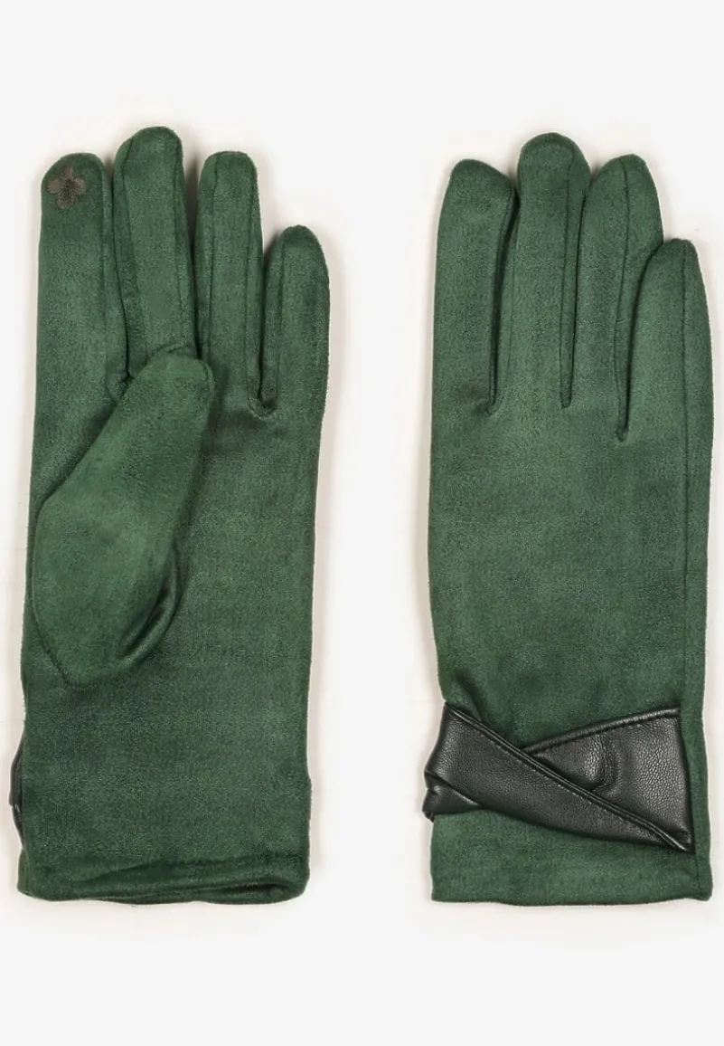 Zielone Eleganckie Rękawiczki z Bawełną i Wywiniętą Aplikacją przy Nadgarstku Sissemi