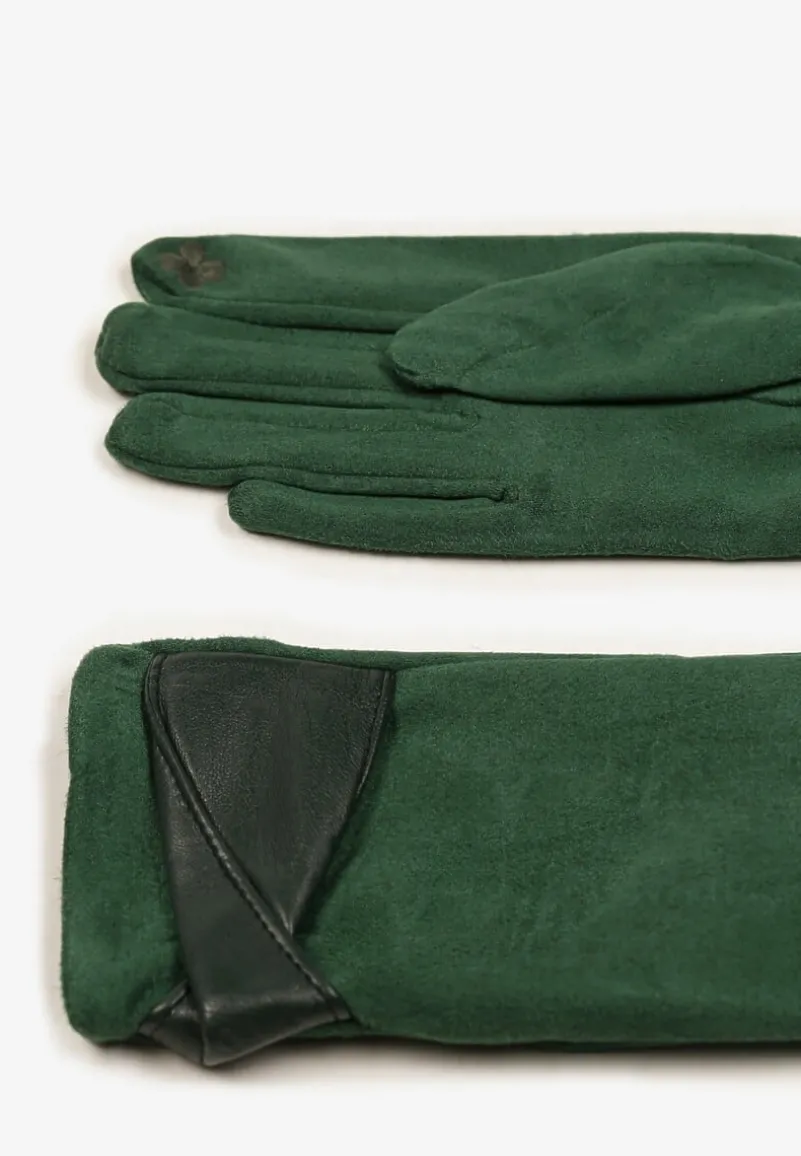 Zielone Eleganckie Rękawiczki z Bawełną i Wywiniętą Aplikacją przy Nadgarstku Sissemi