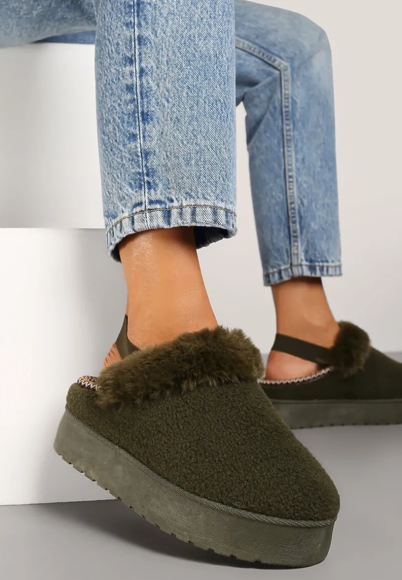 Zielone Futerkowe Śniegowce na Grubej Podeszwie z Gumką na Pięcie Sosena
