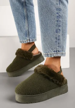 Zielone Futerkowe Śniegowce na Grubej Podeszwie z Gumką na Pięcie Sosena