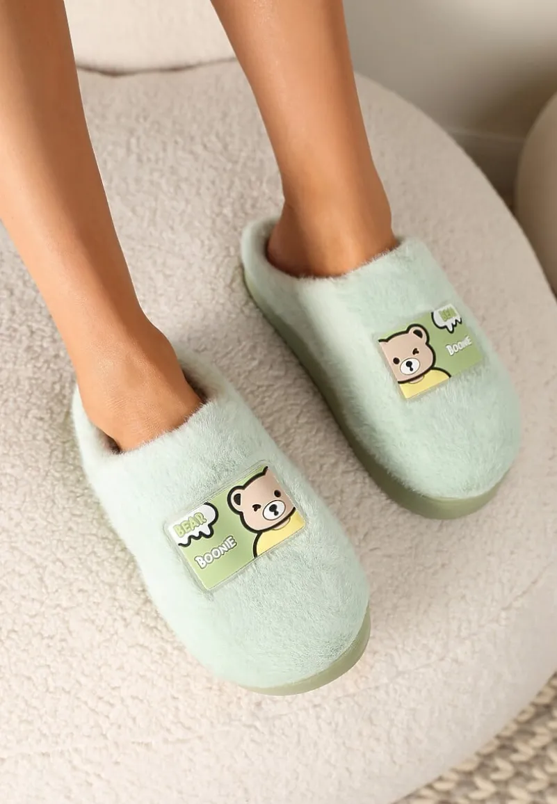 Zielone Futrzane Kapcie Vices na Platformie Ozdobione Naszywką Deofra