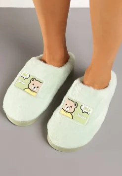 Zielone Futrzane Kapcie Vices na Platformie Ozdobione Naszywką Deofra