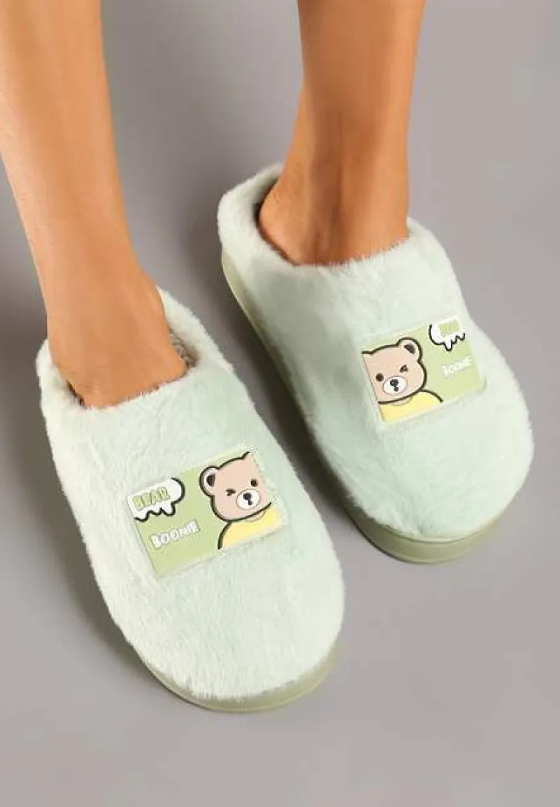 Zielone Futrzane Kapcie Vices na Platformie Ozdobione Naszywką Deofra