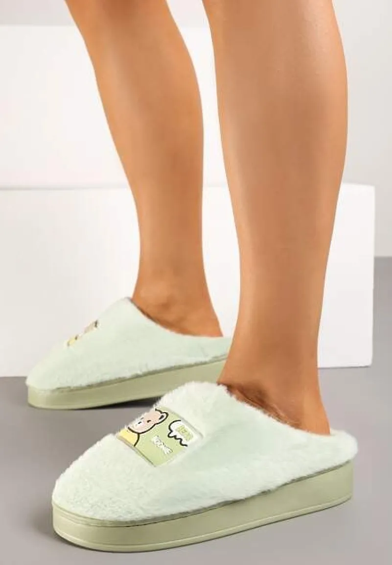 Zielone Futrzane Kapcie Vices na Platformie Ozdobione Naszywką Deofra