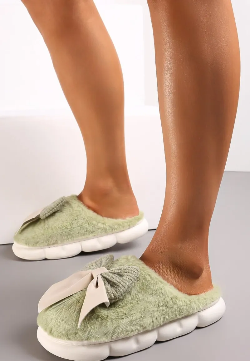 Zielone Futrzane Kapcie Zimowe Ozdobione Kokardką Saceta