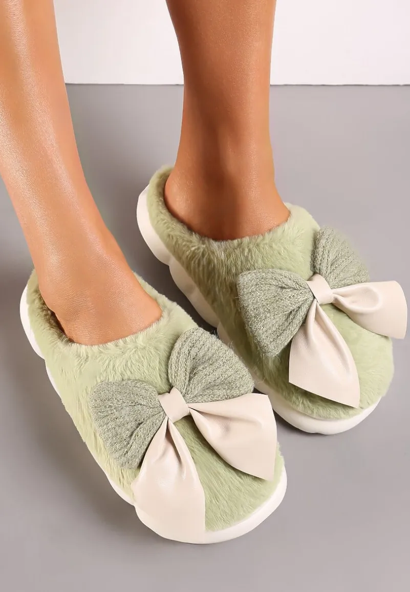 Zielone Futrzane Kapcie Zimowe Ozdobione Kokardką Saceta