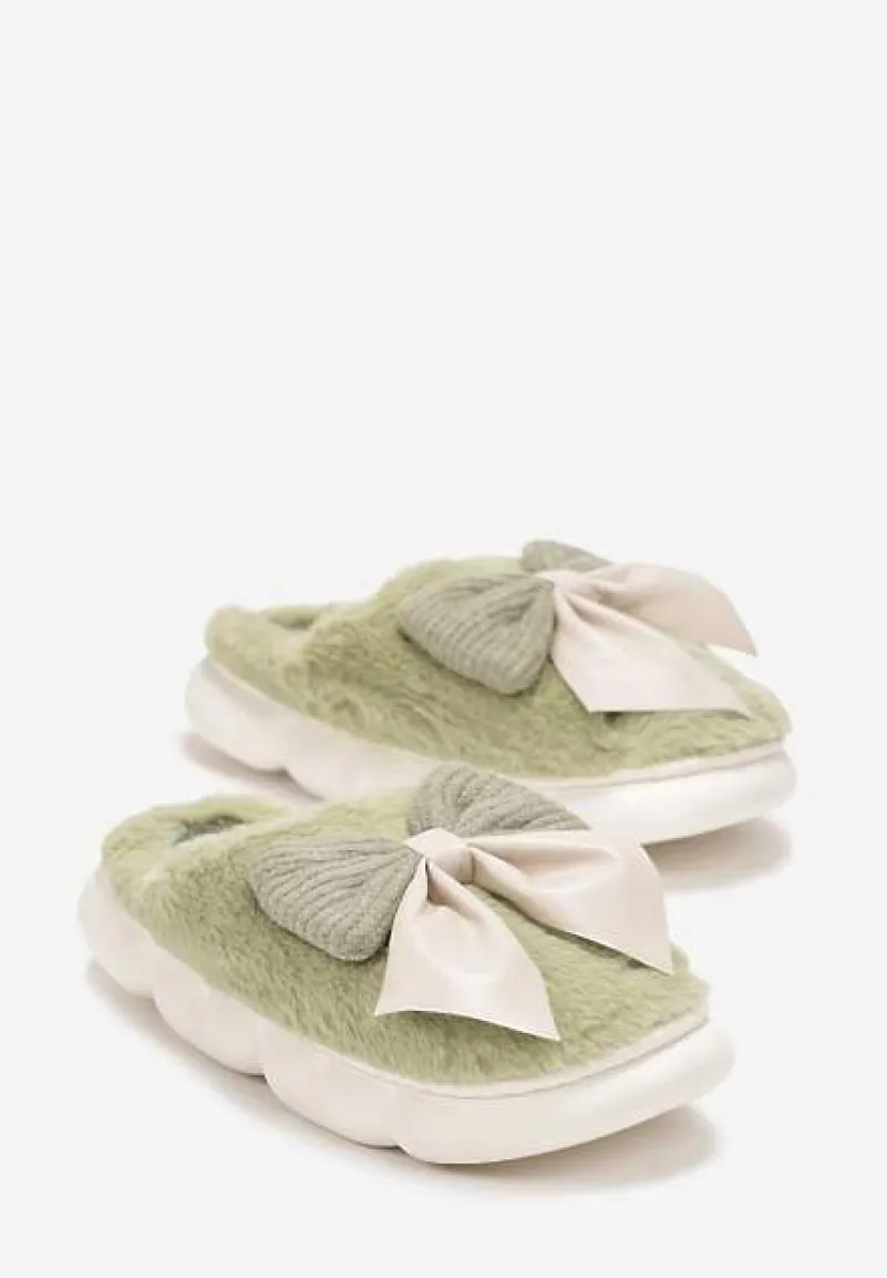 Zielone Futrzane Kapcie Zimowe Ozdobione Kokardką Saceta