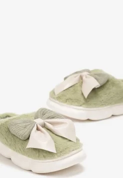 Zielone Futrzane Kapcie Zimowe Ozdobione Kokardką Saceta