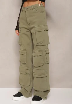 Zielone Jeansy Cargo z Szerokimi Kieszeniami z Klapami na Nogawkach Nihla