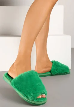 Zielone Kapcie Futrzane Vices z Szerokim Paskiem Selaenor