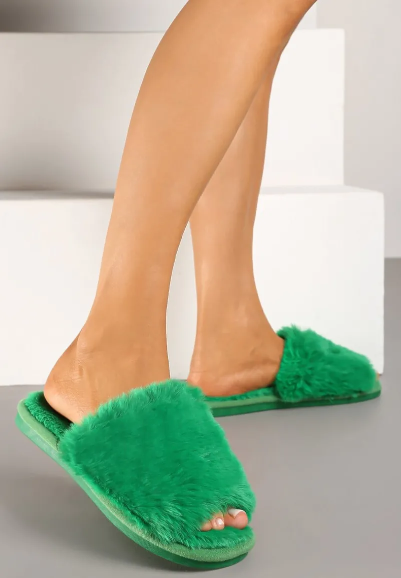 Zielone Kapcie Futrzane Vices z Szerokim Paskiem Selaenor