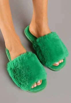 Zielone Kapcie Futrzane Vices z Szerokim Paskiem Selaenor