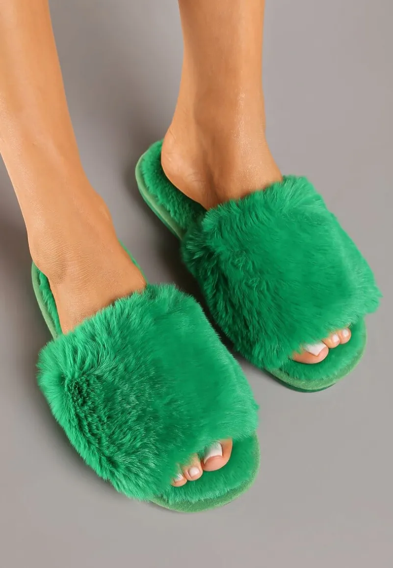 Zielone Kapcie Futrzane Vices z Szerokim Paskiem Selaenor