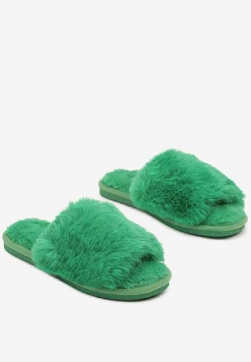 Zielone Kapcie Futrzane Vices z Szerokim Paskiem Selaenor