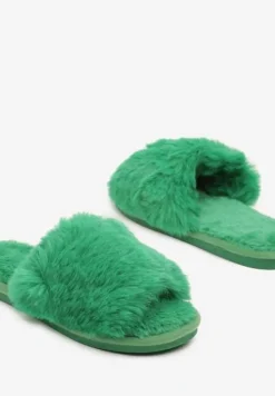 Zielone Kapcie Futrzane Vices z Szerokim Paskiem Selaenor