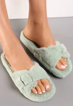 Zielone Kapcie Futrzane ze Sprzączką Nasch