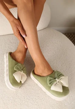 Zielone Kapcie na Płaskiej Podeszwie z Futerkiem i Kokardą Dezilaine