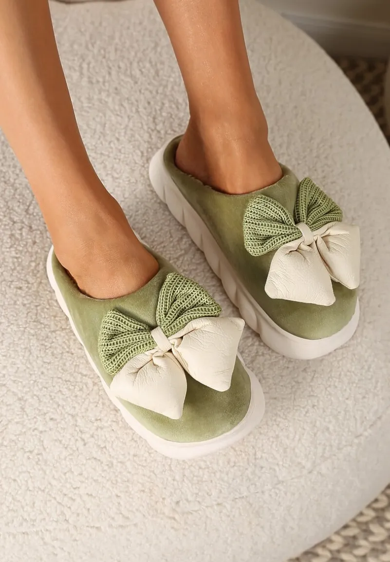 Zielone Kapcie na Płaskiej Podeszwie z Futerkiem i Kokardą Dezilaine