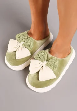 Zielone Kapcie na Płaskiej Podeszwie z Futerkiem i Kokardą Dezilaine