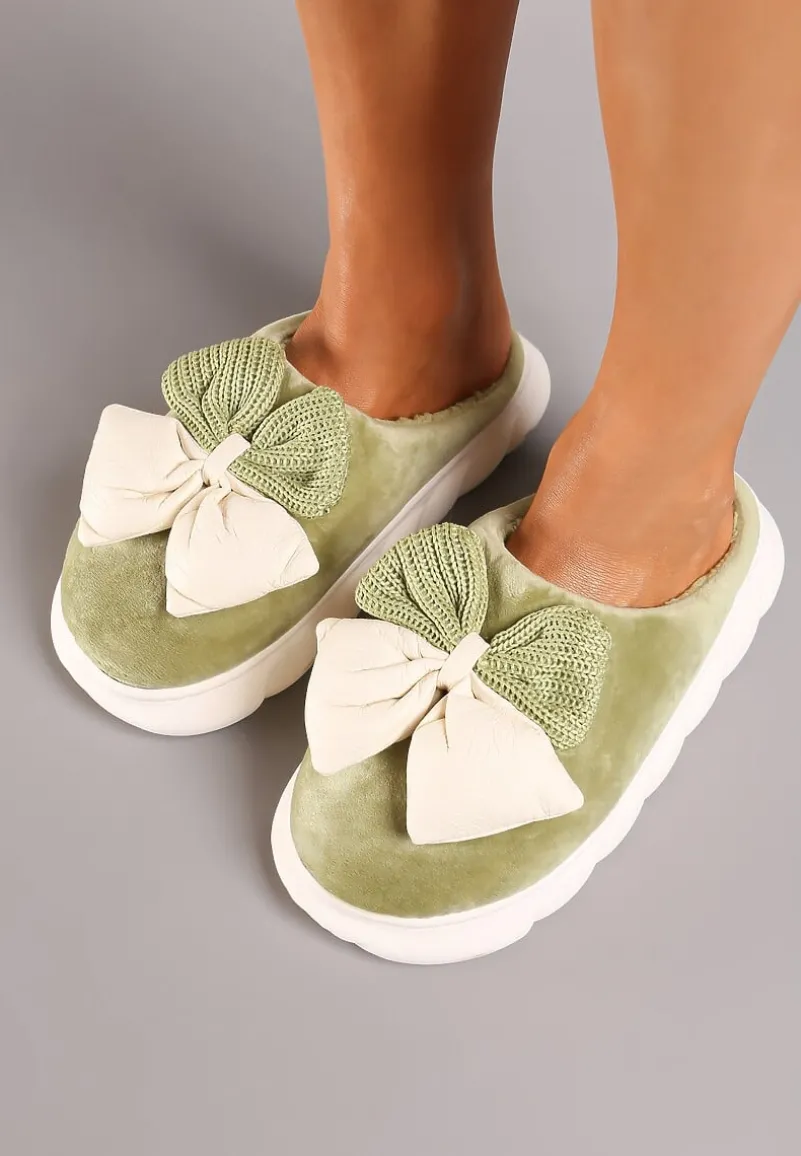 Zielone Kapcie na Płaskiej Podeszwie z Futerkiem i Kokardą Dezilaine