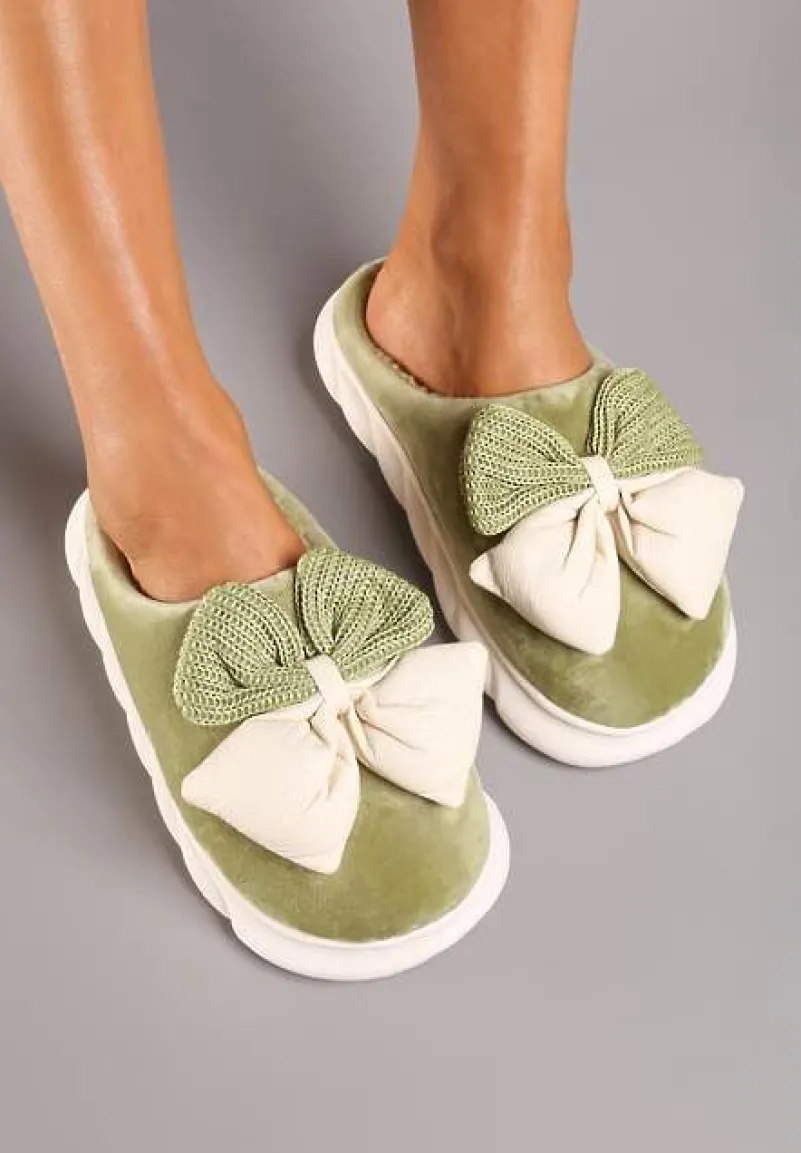 Zielone Kapcie na Płaskiej Podeszwie z Futerkiem i Kokardą Dezilaine