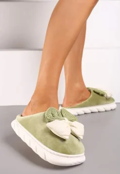 Zielone Kapcie na Płaskiej Podeszwie z Futerkiem i Kokardą Dezilaine