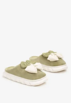 Zielone Kapcie na Płaskiej Podeszwie z Futerkiem i Kokardą Dezilaine