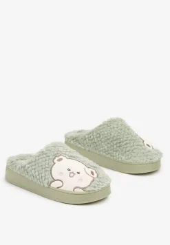 Zielone Kapcie na Platformie Ozdobione Haftowanym Motywem Laorisia