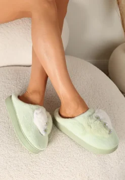 Zielone Kapcie na Platformie Ozdobione Cyrkoniami i Serduszkiem Laonaya