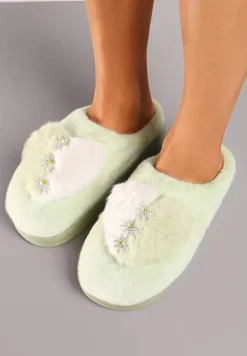 Zielone Kapcie na Platformie Ozdobione Cyrkoniami i Serduszkiem Laonaya