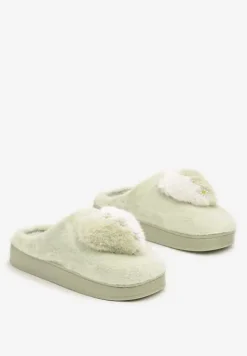 Zielone Kapcie na Platformie Ozdobione Cyrkoniami i Serduszkiem Laonaya