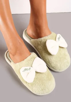 Zielone Kapcie Ozdobione Kokardką ze Sztucznego Futerka na Piankowej Podeszwie Ravna