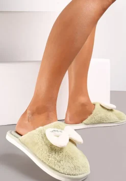 Zielone Kapcie Ozdobione Kokardką ze Sztucznego Futerka na Piankowej Podeszwie Ravna