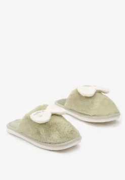 Zielone Kapcie Ozdobione Kokardką ze Sztucznego Futerka na Piankowej Podeszwie Ravna