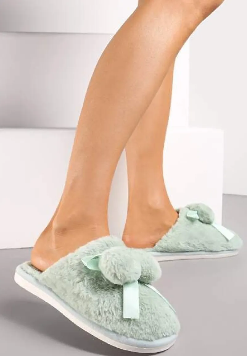 Zielone Kapcie z Futerka z Pomponami i Kokardką Dyritha