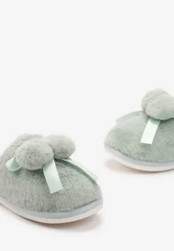 Zielone Kapcie z Futerka z Pomponami i Kokardką Dyritha