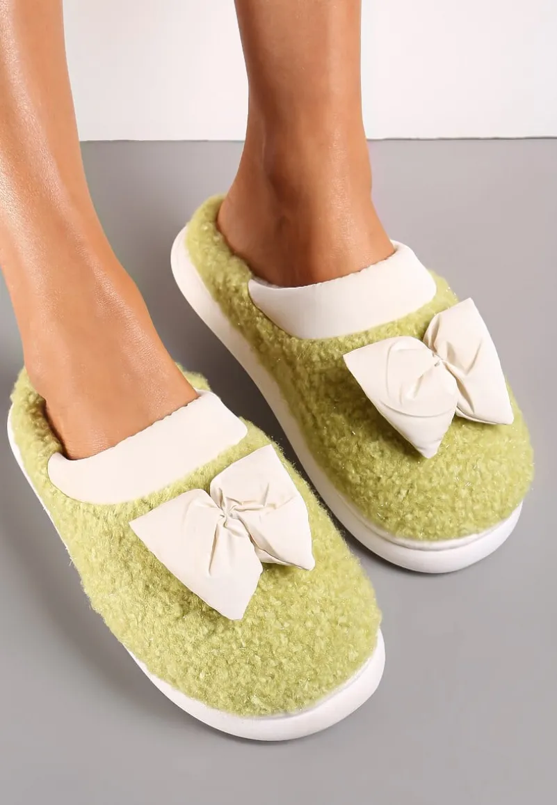 Zielone Kapcie z Futrzanego Kożuszka z Kokardką Hilusa