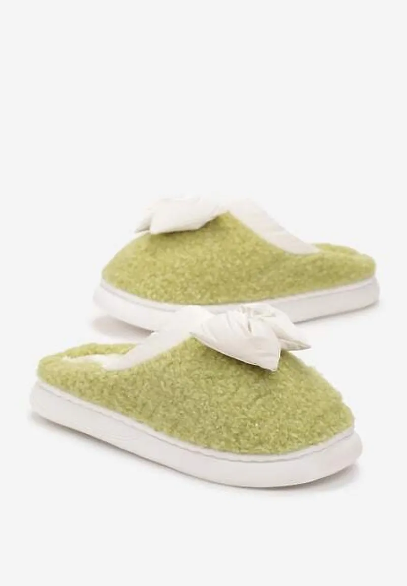 Zielone Kapcie z Futrzanego Kożuszka z Kokardką Hilusa