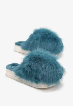 Zielone Kapcie ze Sztucznym Futrem na Grubej Podeszwie Demofa