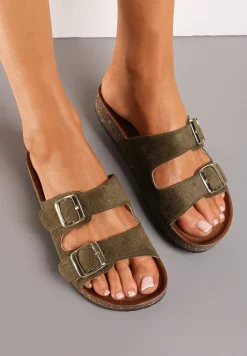 Zielone Klapki z Ekozamszu z Profilowaną Wkładką z Paskami i Klamrami Lettiea