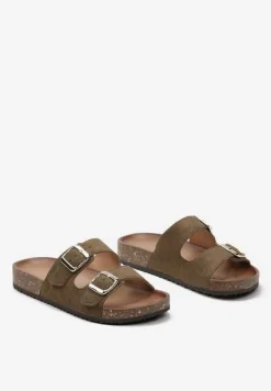 Zielone Klapki z Ekozamszu z Profilowaną Wkładką z Paskami i Klamrami Lettiea