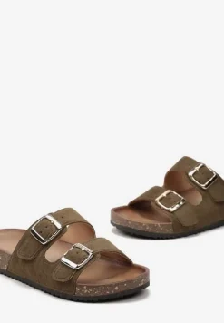 Zielone Klapki z Ekozamszu z Profilowaną Wkładką z Paskami i Klamrami Lettiea