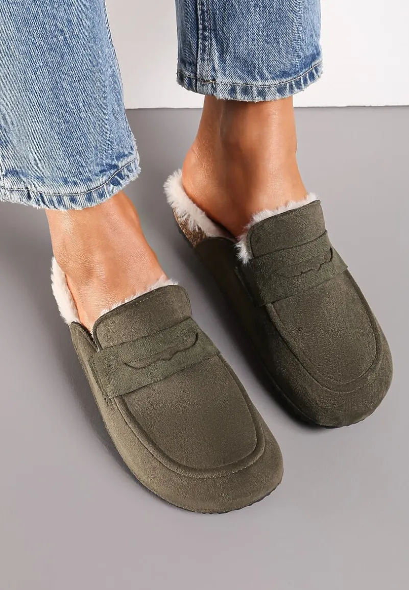 Zielone Klapki z Imitacji Zamszu na Korkowej Podeszwie z Futerkiem i Przeszyciami Sileath