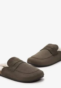 Zielone Klapki z Imitacji Zamszu na Korkowej Podeszwie z Futerkiem i Przeszyciami Sileath