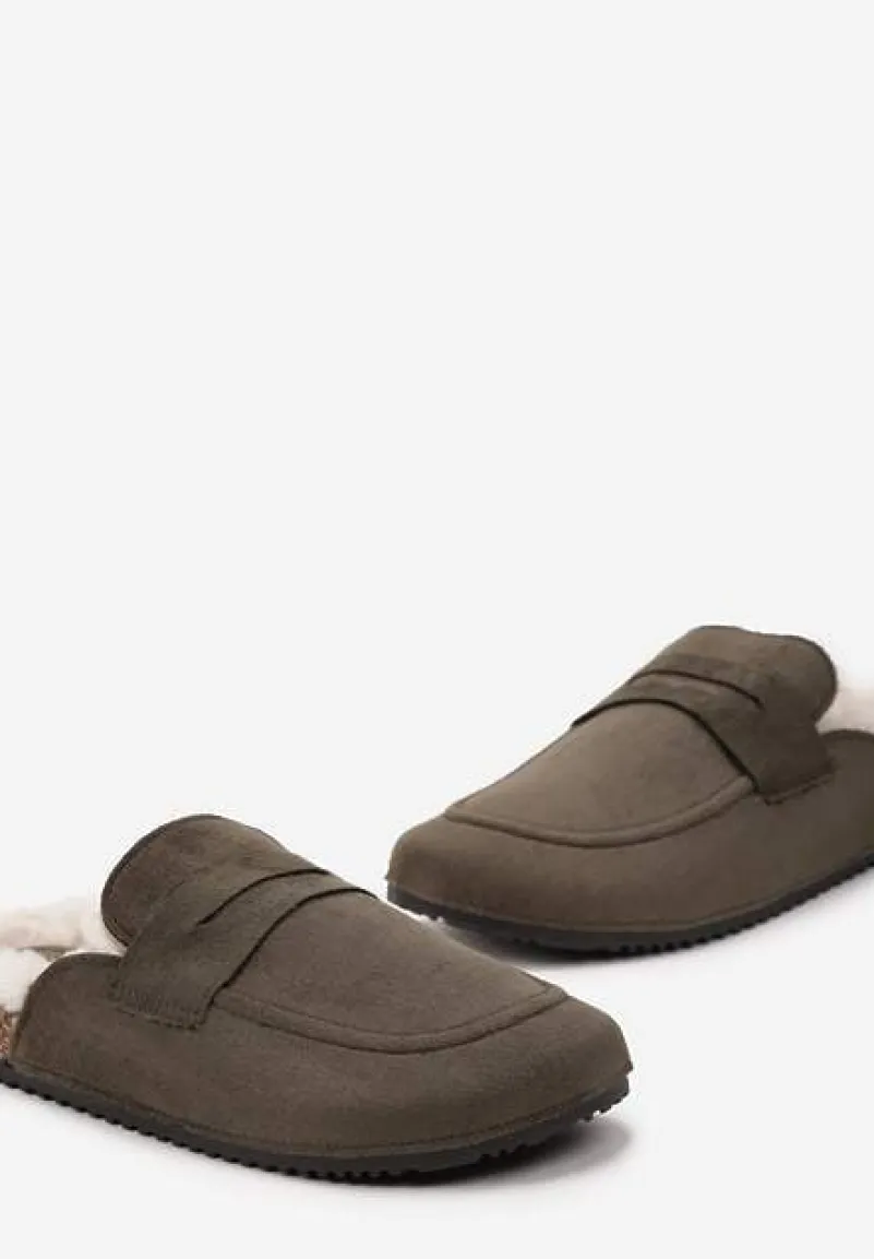 Zielone Klapki z Imitacji Zamszu na Korkowej Podeszwie z Futerkiem i Przeszyciami Sileath