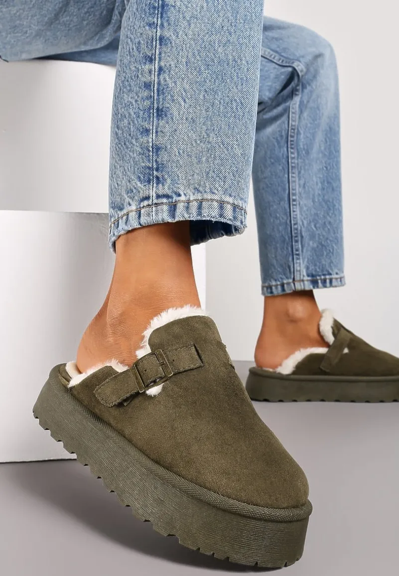 Zielone Klapki z Miękkim Futerkiem i Platformą Atansa