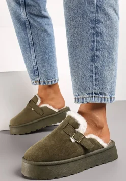 Zielone Klapki z Miękkim Futerkiem i Platformą Atansa