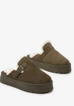 Zielone Klapki z Miękkim Futerkiem i Platformą Atansa