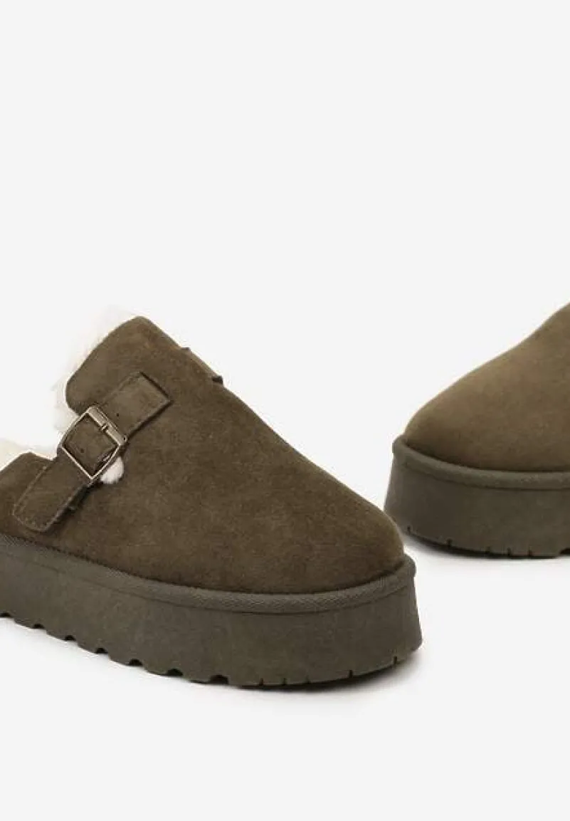 Zielone Klapki z Miękkim Futerkiem i Platformą Atansa