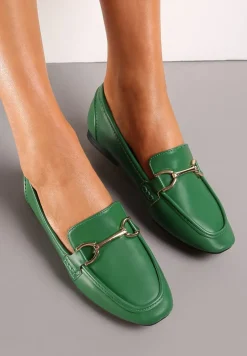Zielone Klasyczne Mokasyny z Kwadratowym Noskiem na Płaskim Obcasie Ozdobione Klamrą Aldreda